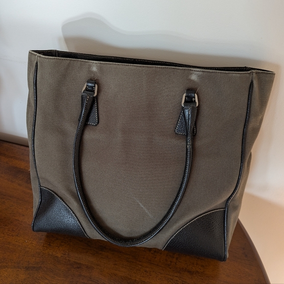 Prada dark olive green canvas and black leather shoulder bag - Picture 13 of 17